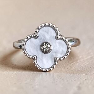 Elegant White Stainless Steel Clover Ring - Size 9